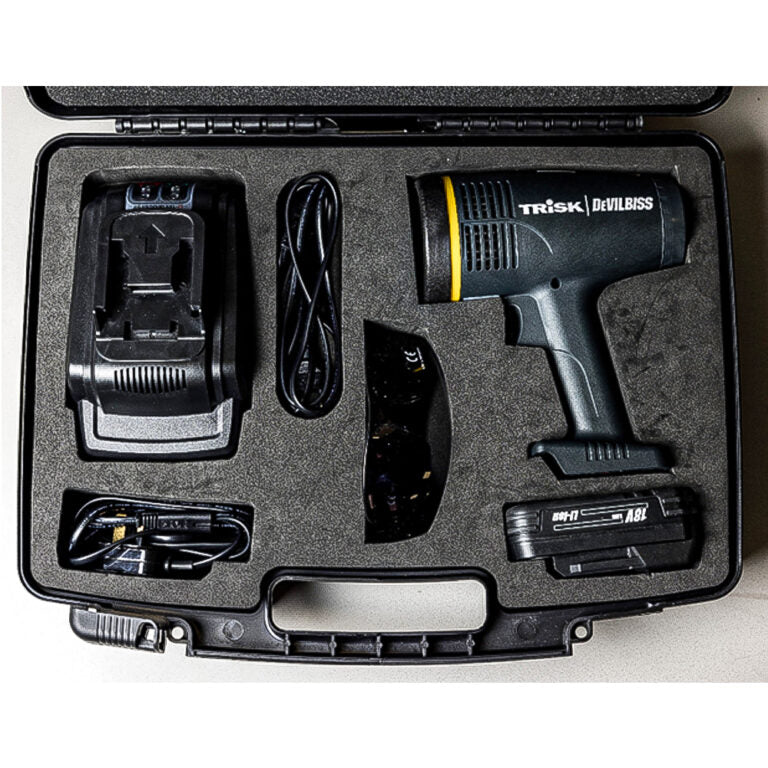 Trisk Devilbiss cordless tool set in a black case on a white background