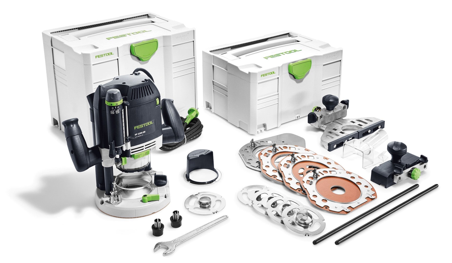 Festool router set with accessories on a white background