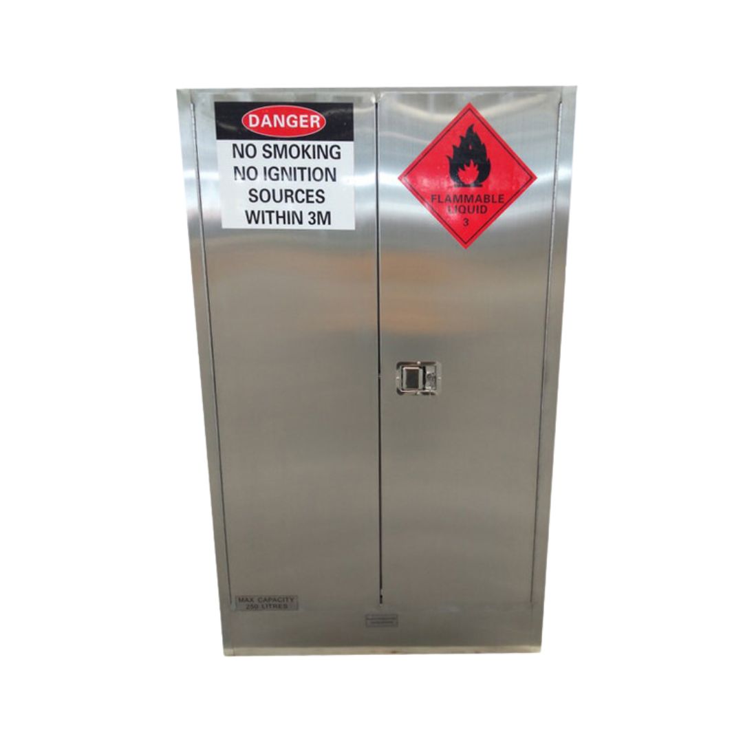 Flammable storage cabinet with safety labels on a white background