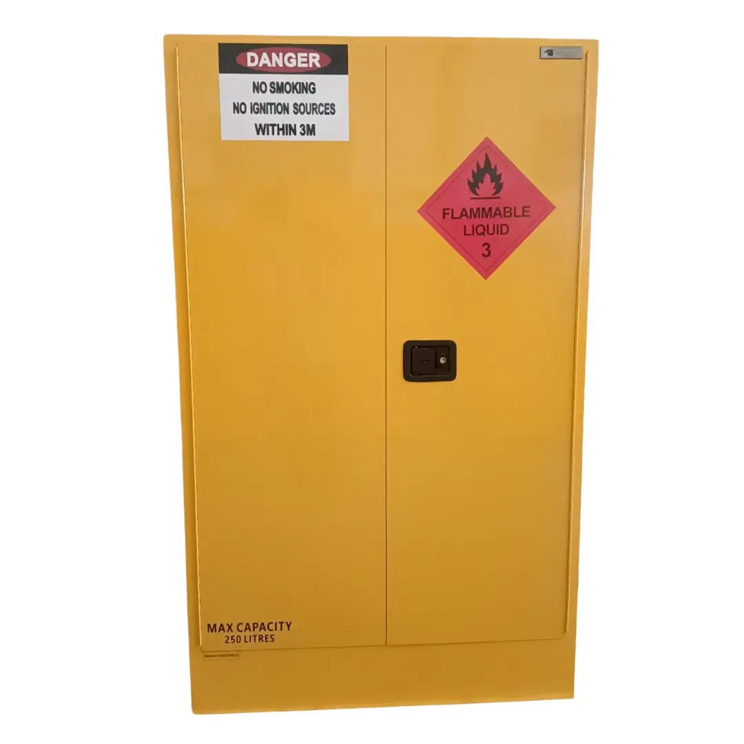 250L Flammable Goods Storage Cabinet provides compliant & secure storage for class 3 flammable liquids. This cabinet features a robust steel construction.