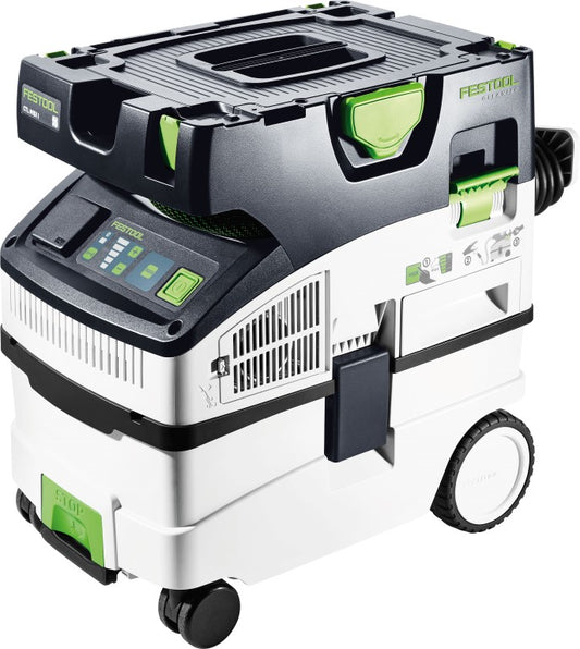 Festool CTM Midi dustless vacuum for sanding with green accents on a white background