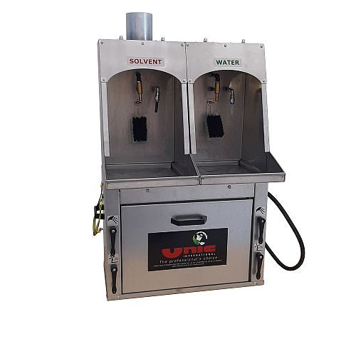 Two-part cleaning station with solvent and water compartments on a white background