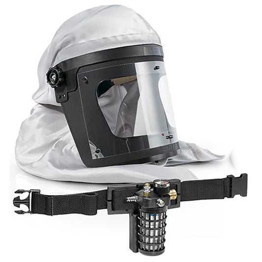 Sata Full-face protective hood with clear visor and breathing air fed mask for spray painting